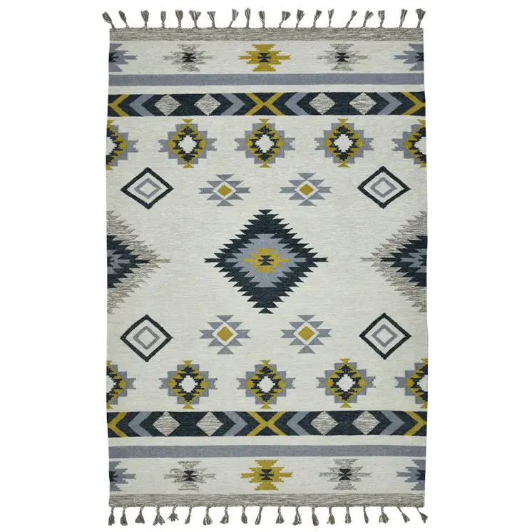 3' X 5' Ivory Blue And Gray Wool Tribal Flatweave Handmade Area Rug With Fringe