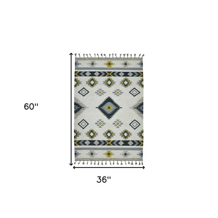 3' X 5' Ivory Blue And Gray Wool Tribal Flatweave Handmade Area Rug With Fringe