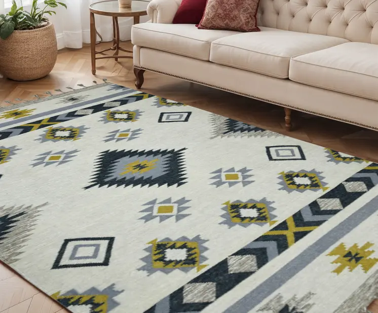 5' X 8' Ivory Blue And Gray Wool Tribal Flatweave Handmade Area Rug With Fringe