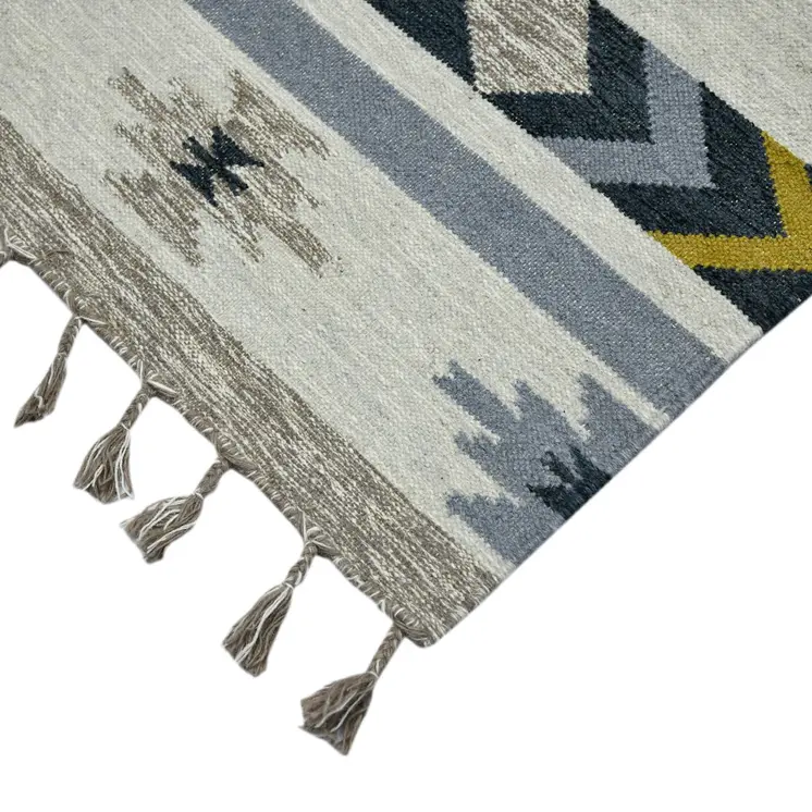 5' X 8' Ivory Blue And Gray Wool Tribal Flatweave Handmade Area Rug With Fringe
