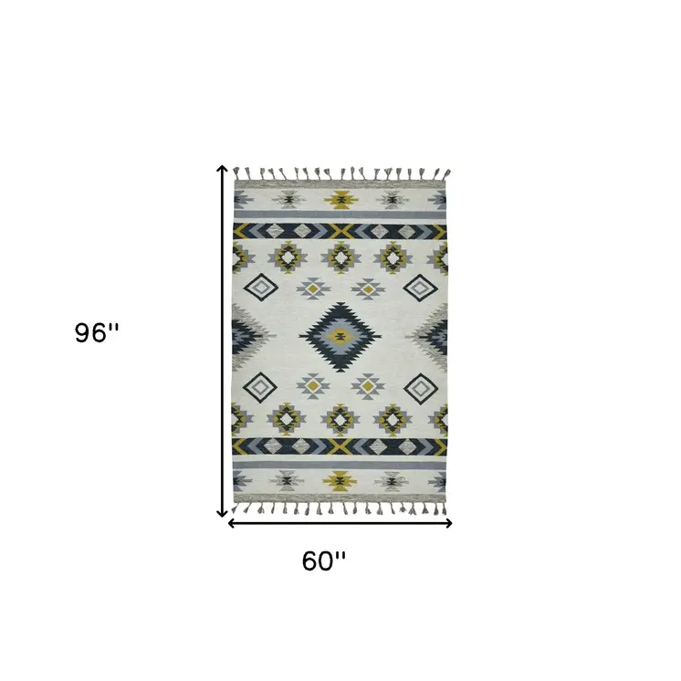 5' X 8' Ivory Blue And Gray Wool Tribal Flatweave Handmade Area Rug With Fringe