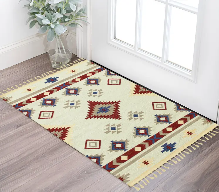 3' X 5' Red Blue And Beige Wool Tribal Flatweave Handmade Area Rug With Fringe