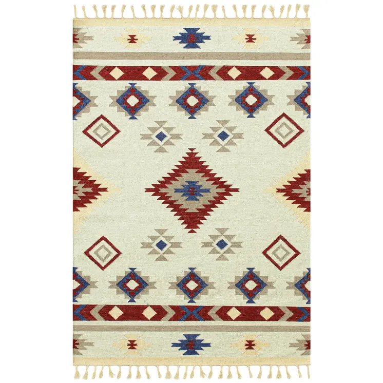 8' X 10' Red Blue And Beige Wool Tribal Flatweave Handmade Area Rug With Fringe