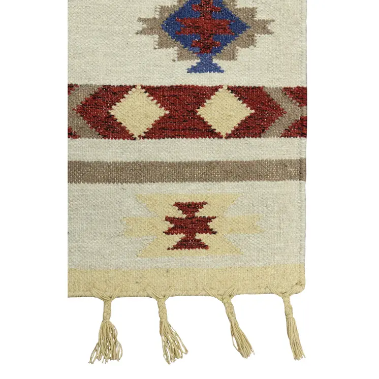 8' X 10' Red Blue And Beige Wool Tribal Flatweave Handmade Area Rug With Fringe