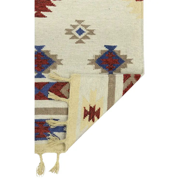 8' X 10' Red Blue And Beige Wool Tribal Flatweave Handmade Area Rug With Fringe
