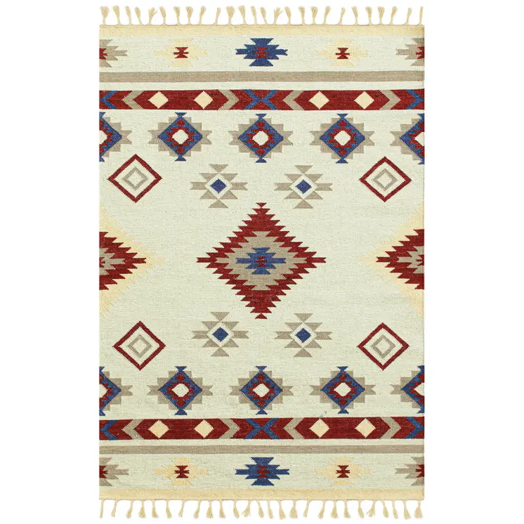 8' X 10' Red Blue And Beige Wool Tribal Flatweave Handmade Area Rug With Fringe