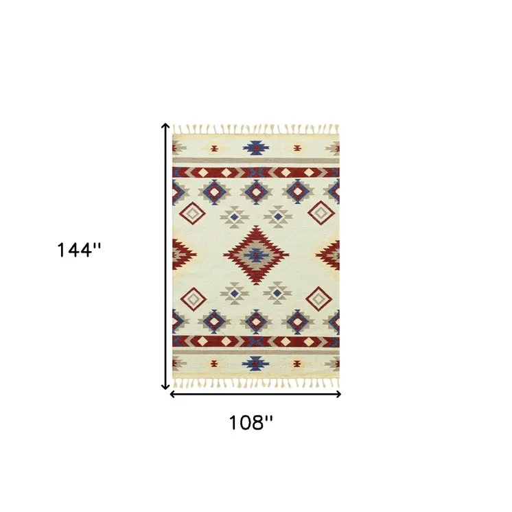 9' X 12' Red Blue And Beige Wool Tribal Flatweave Handmade Area Rug With Fringe