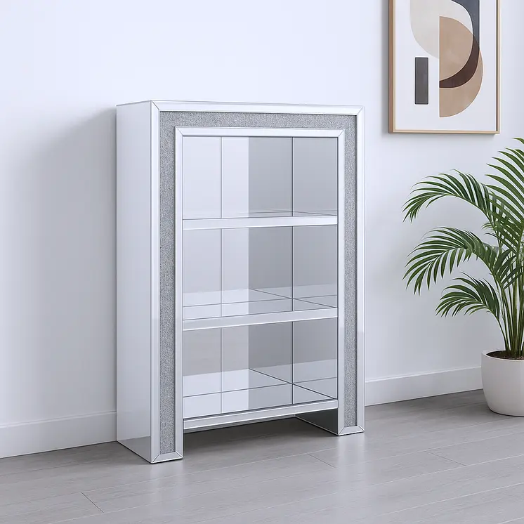 47" Silver And Clear Mirrored Glass And Faux Crystal Bling Accent Cabinet