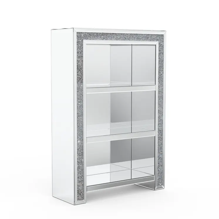 47" Silver And Clear Mirrored Glass And Faux Crystal Bling Accent Cabinet