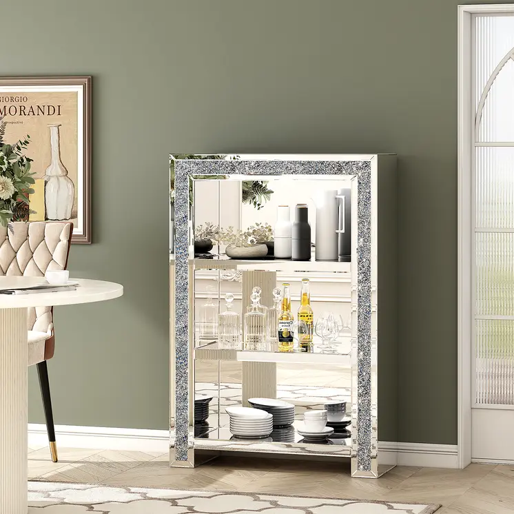 47" Silver And Clear Mirrored Glass And Faux Crystal Bling Accent Cabinet