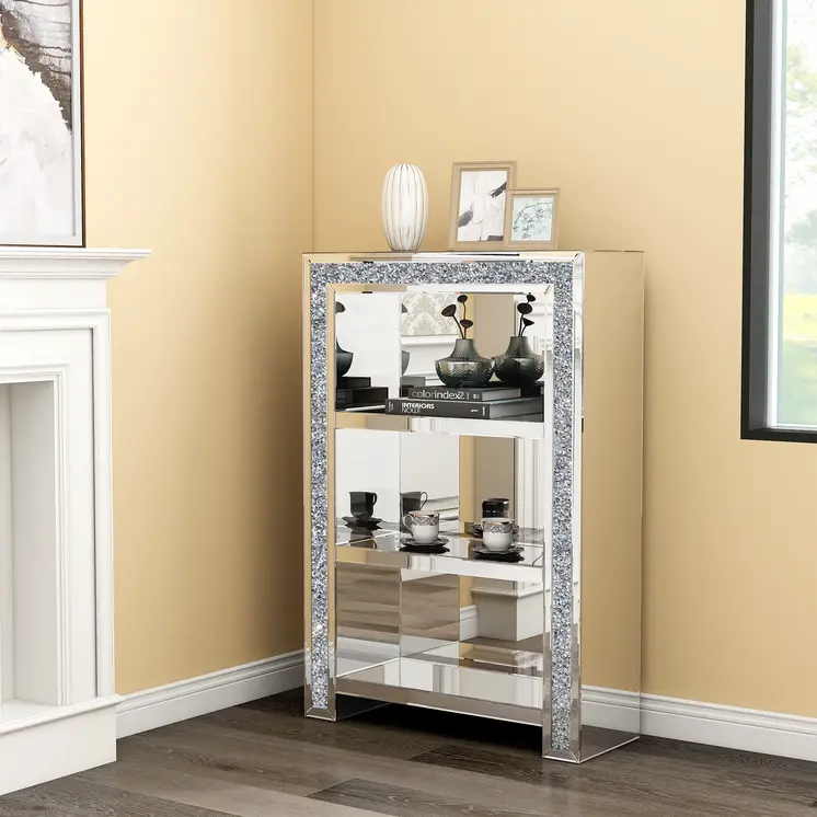 47" Silver And Clear Mirrored Glass And Faux Crystal Bling Accent Cabinet