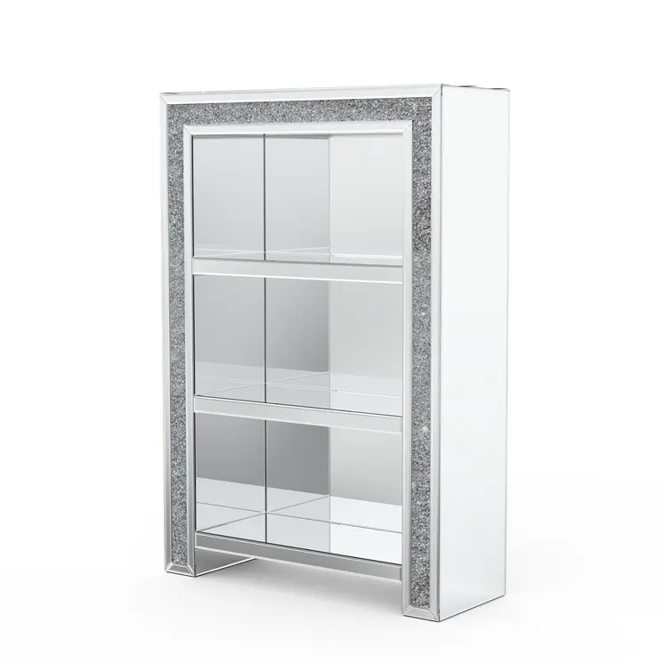 47" Silver And Clear Mirrored Glass And Faux Crystal Bling Accent Cabinet