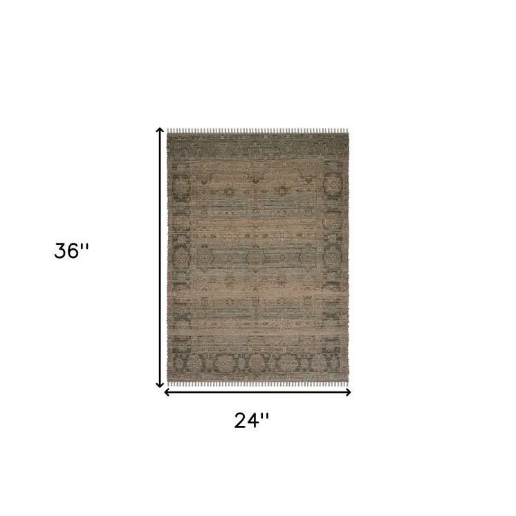 2' X 3' Brown And Dark Gray Oriental Hand Woven Area Rug With Fringe