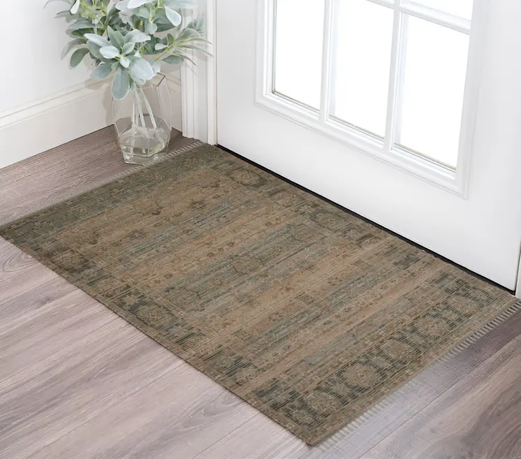 2' X 3' Brown And Dark Gray Oriental Hand Woven Area Rug With Fringe