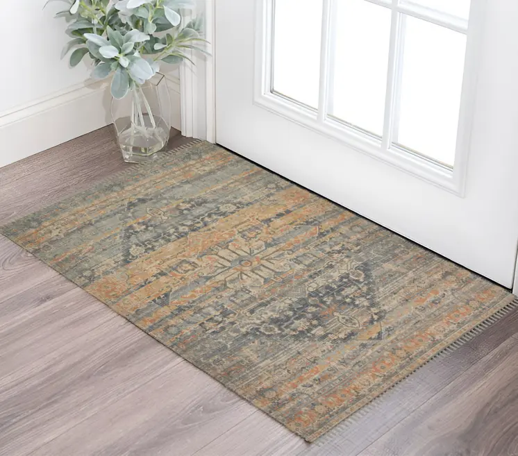 2' X 3' Beige Brown And Gray Oriental Hand Woven Area Rug With Fringe