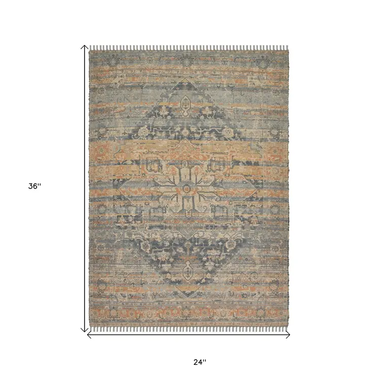 2' X 3' Beige Brown And Gray Oriental Hand Woven Area Rug With Fringe