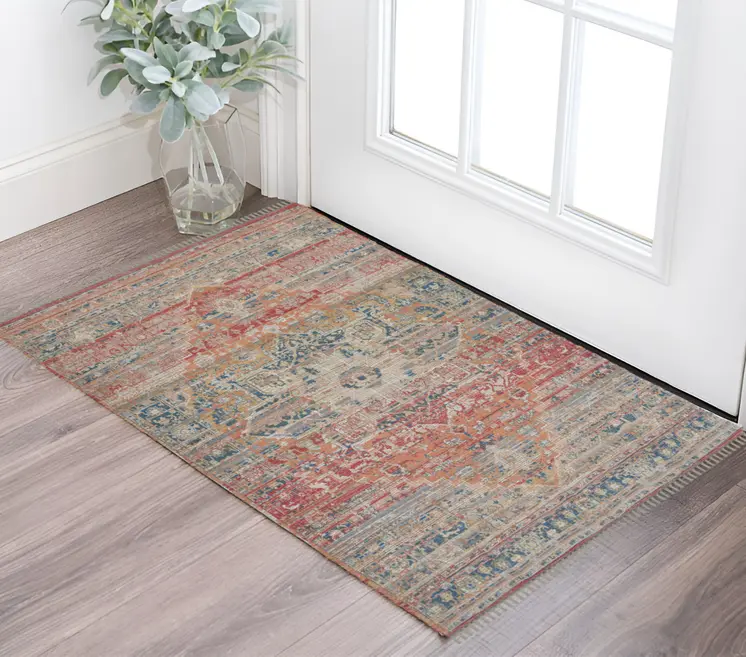 2' X 3' Blue Orange And Pink Oriental Hand Woven Area Rug With Fringe
