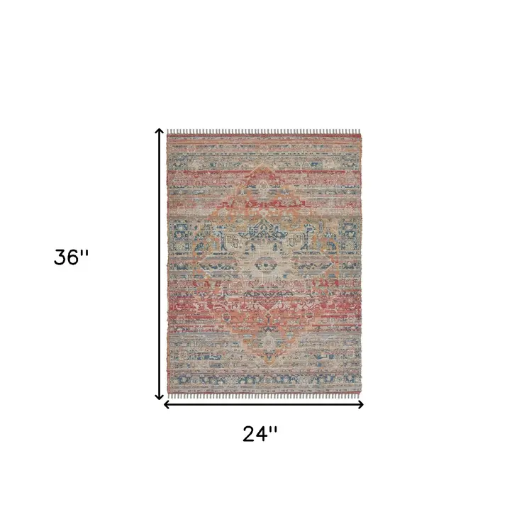 2' X 3' Blue Orange And Pink Oriental Hand Woven Area Rug With Fringe