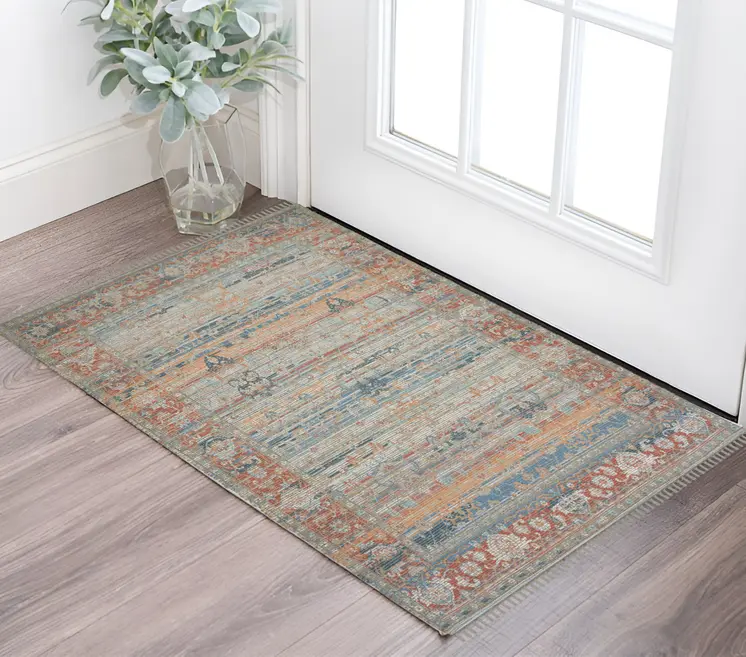 2' X 3' Blue Brick Red And Ivory Oriental Hand Woven Area Rug With Fringe