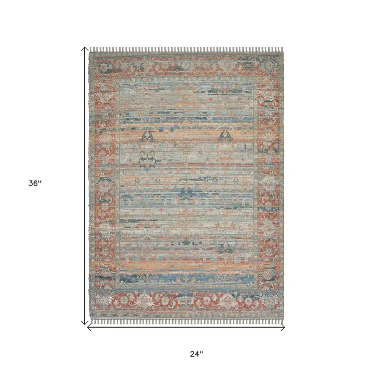 2' X 3' Blue Brick Red And Ivory Oriental Hand Woven Area Rug With Fringe