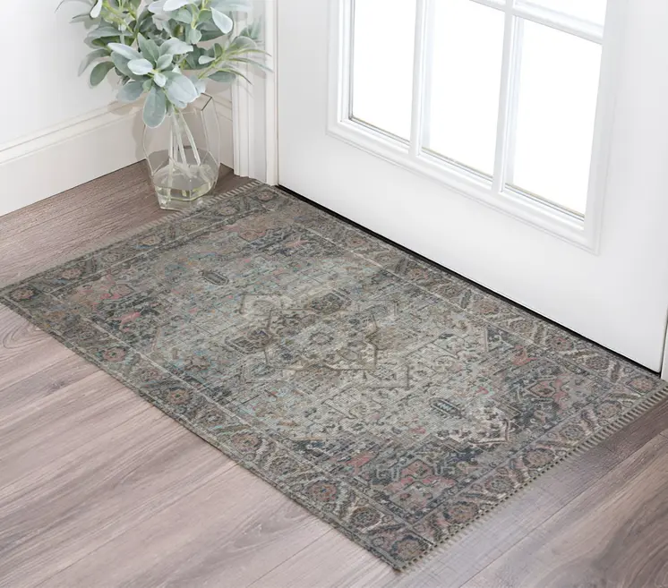2' X 3' Light Blue Gray And Pink Oriental Hand Woven Area Rug With Fringe