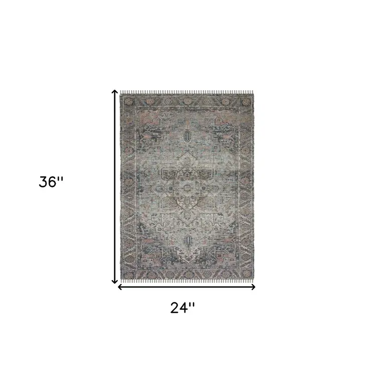 2' X 3' Light Blue Gray And Pink Oriental Hand Woven Area Rug With Fringe