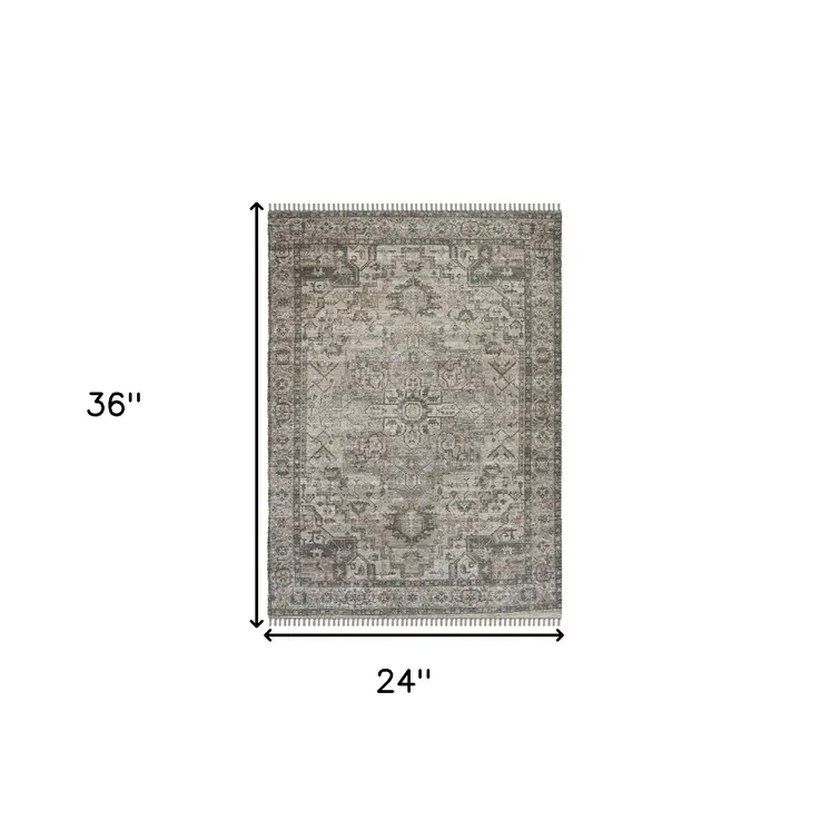 2' X 3' Gray And Dark Gray Oriental Hand Woven Area Rug With Fringe