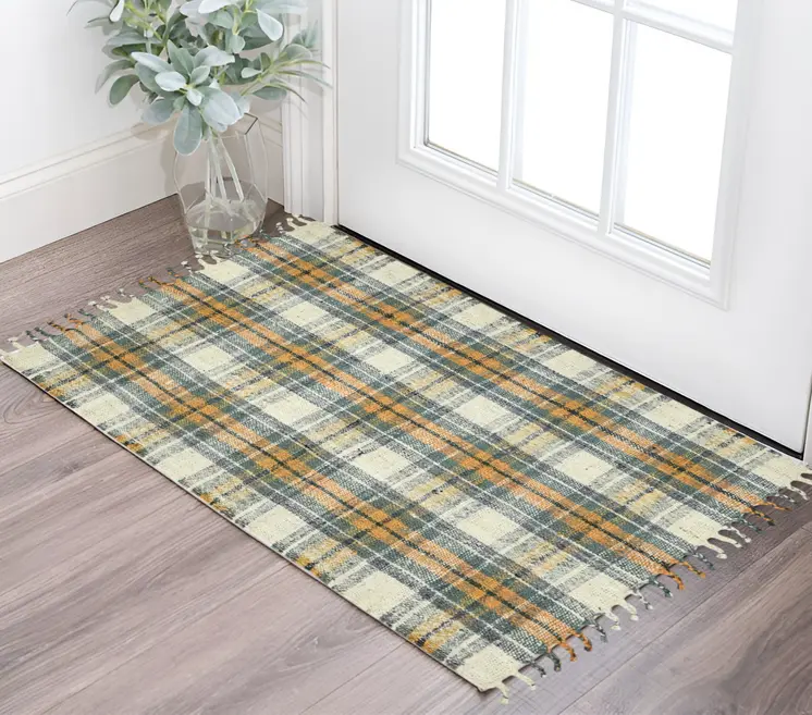 2' X 3' Orange Green And Ivory Jute Plaid Hand Woven Area Rug With Fringe