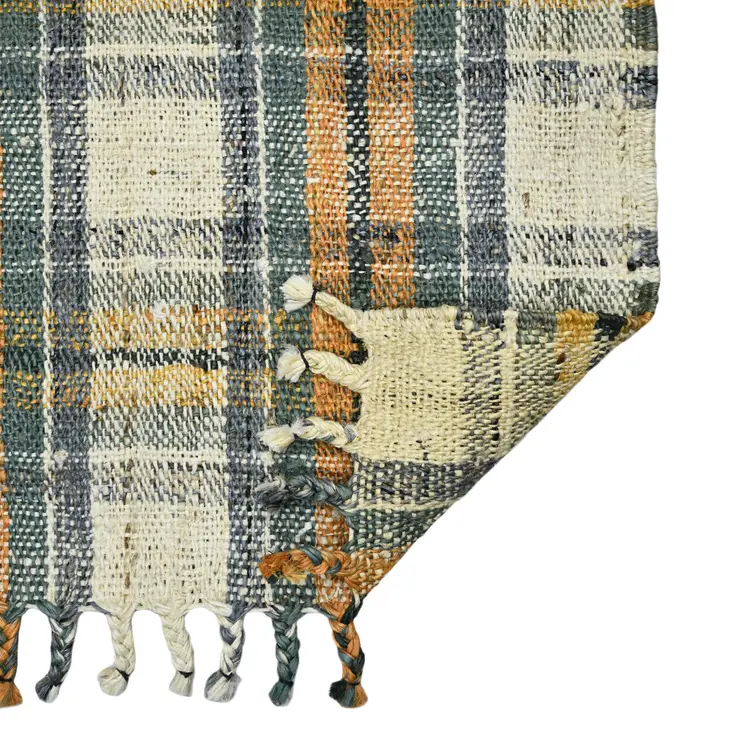 2' X 3' Orange Green And Ivory Jute Plaid Hand Woven Area Rug With Fringe