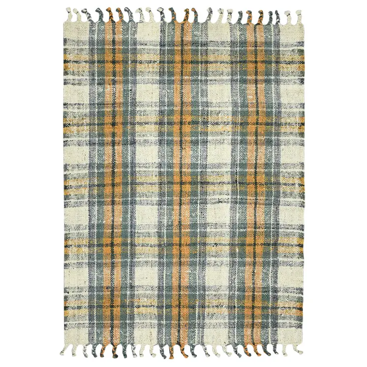 2' X 3' Orange Green And Ivory Jute Plaid Hand Woven Area Rug With Fringe