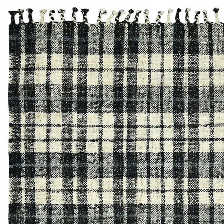 2' X 3' Black And Ivory Jute Plaid Hand Woven Area Rug With Fringe