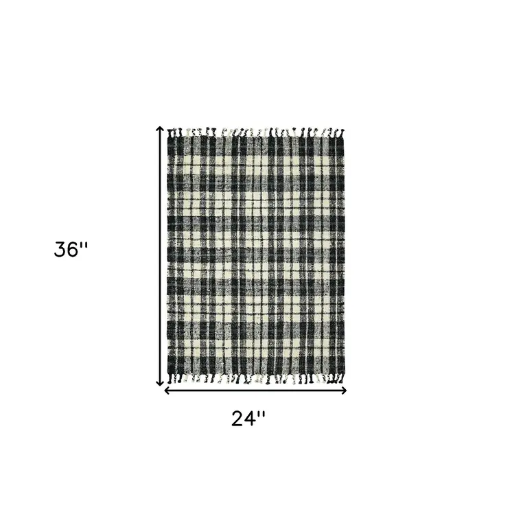 2' X 3' Black And Ivory Jute Plaid Hand Woven Area Rug With Fringe