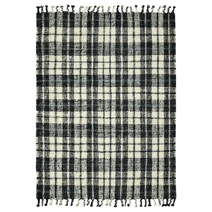 2' X 3' Black And Ivory Jute Plaid Hand Woven Area Rug With Fringe