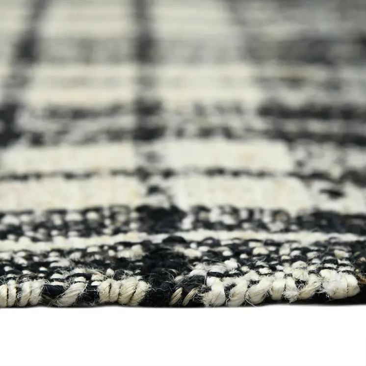 2' X 3' Black And Ivory Jute Plaid Hand Woven Area Rug With Fringe
