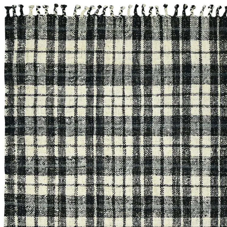 2' X 3' Black And Ivory Jute Plaid Hand Woven Area Rug With Fringe