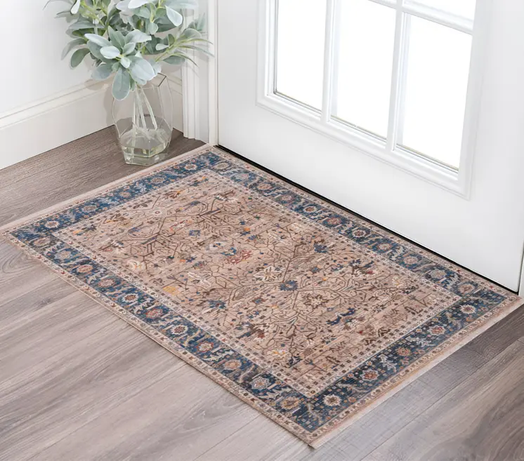 2' X 3' Teal Brown And Beige Oriental Area Rug