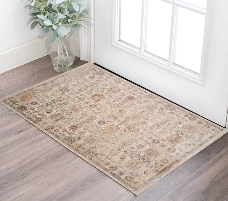 2' X 3' Ivory And Brown Floral Medallion Area Rug With Fringe