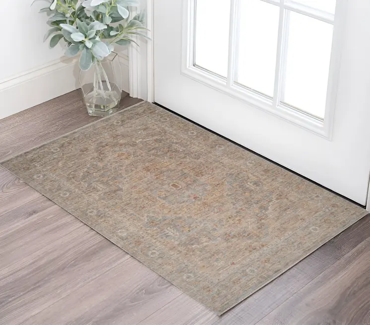 2' X 3' Blue And Sand Floral Medallion Area Rug With Fringe