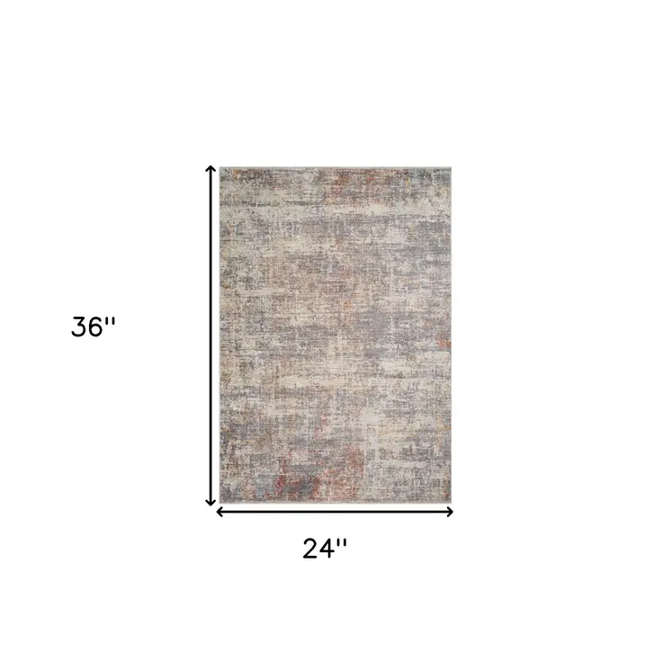 2' X 3' Gray Ivory And Brick Red Abstract Area Rug With Fringe