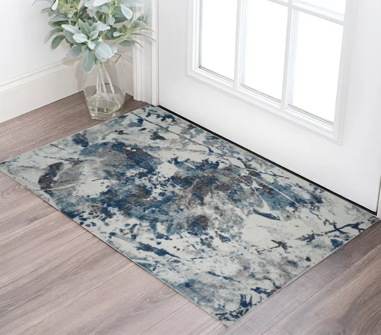 2' X 3' Ivory Teal And Black Abstract Area Rug