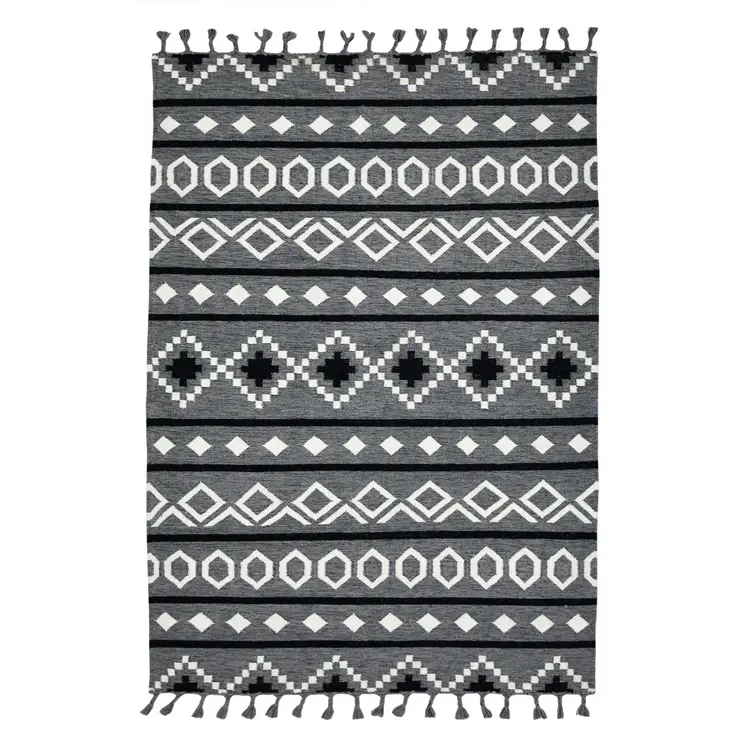 2' X 3' Gray White And Black Wool Tribal Flatweave Handmade Area Rug With Fringe