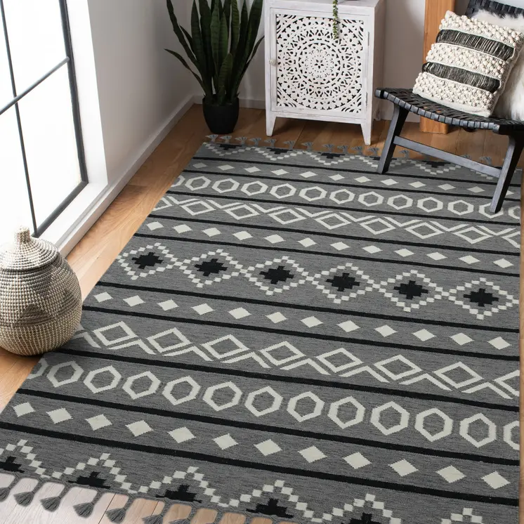 2' X 3' Gray White And Black Wool Tribal Flatweave Handmade Area Rug With Fringe