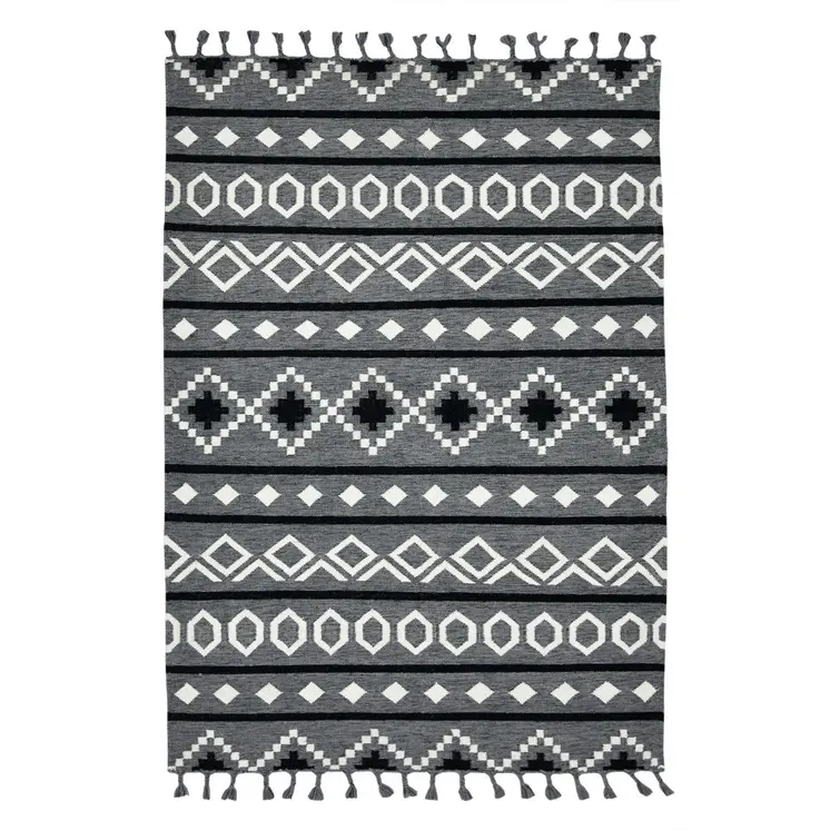 2' X 3' Gray White And Black Wool Tribal Flatweave Handmade Area Rug With Fringe