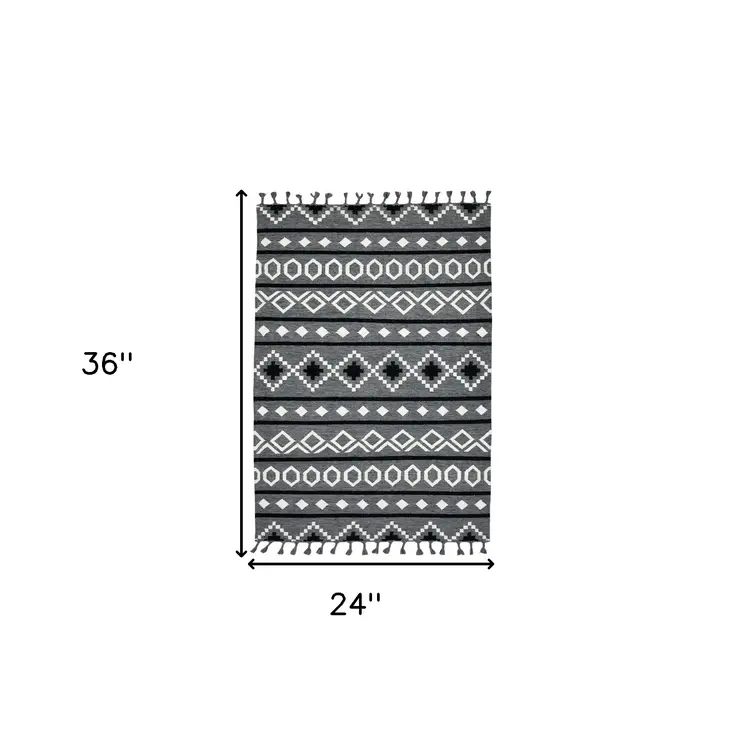 2' X 3' Gray White And Black Wool Tribal Flatweave Handmade Area Rug With Fringe
