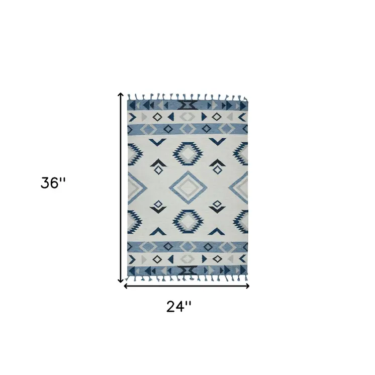 2' X 3' Sky Blue Gray And Black Wool Tribal Flatweave Handmade Area Rug With Fringe