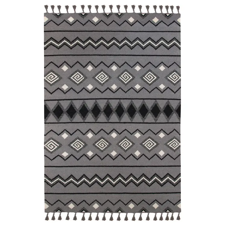 2' X 3' Gray White And Black Wool Tribal Flatweave Handmade Area Rug With Fringe