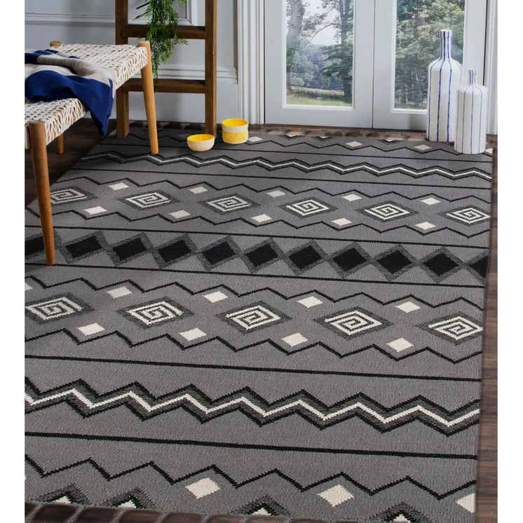 2' X 3' Gray White And Black Wool Tribal Flatweave Handmade Area Rug With Fringe