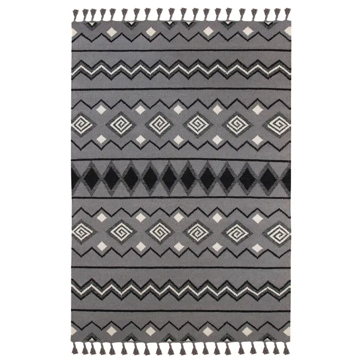 2' X 3' Gray White And Black Wool Tribal Flatweave Handmade Area Rug With Fringe