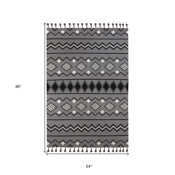 2' X 3' Gray White And Black Wool Tribal Flatweave Handmade Area Rug With Fringe