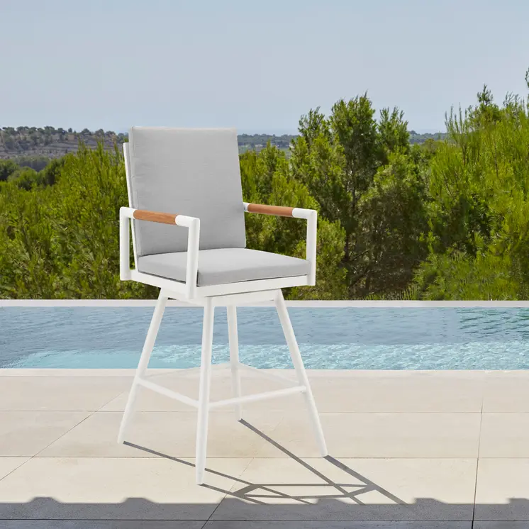 43" Light Gray Metal Swivel Outdoor Counter Height Bar chair with Footrest